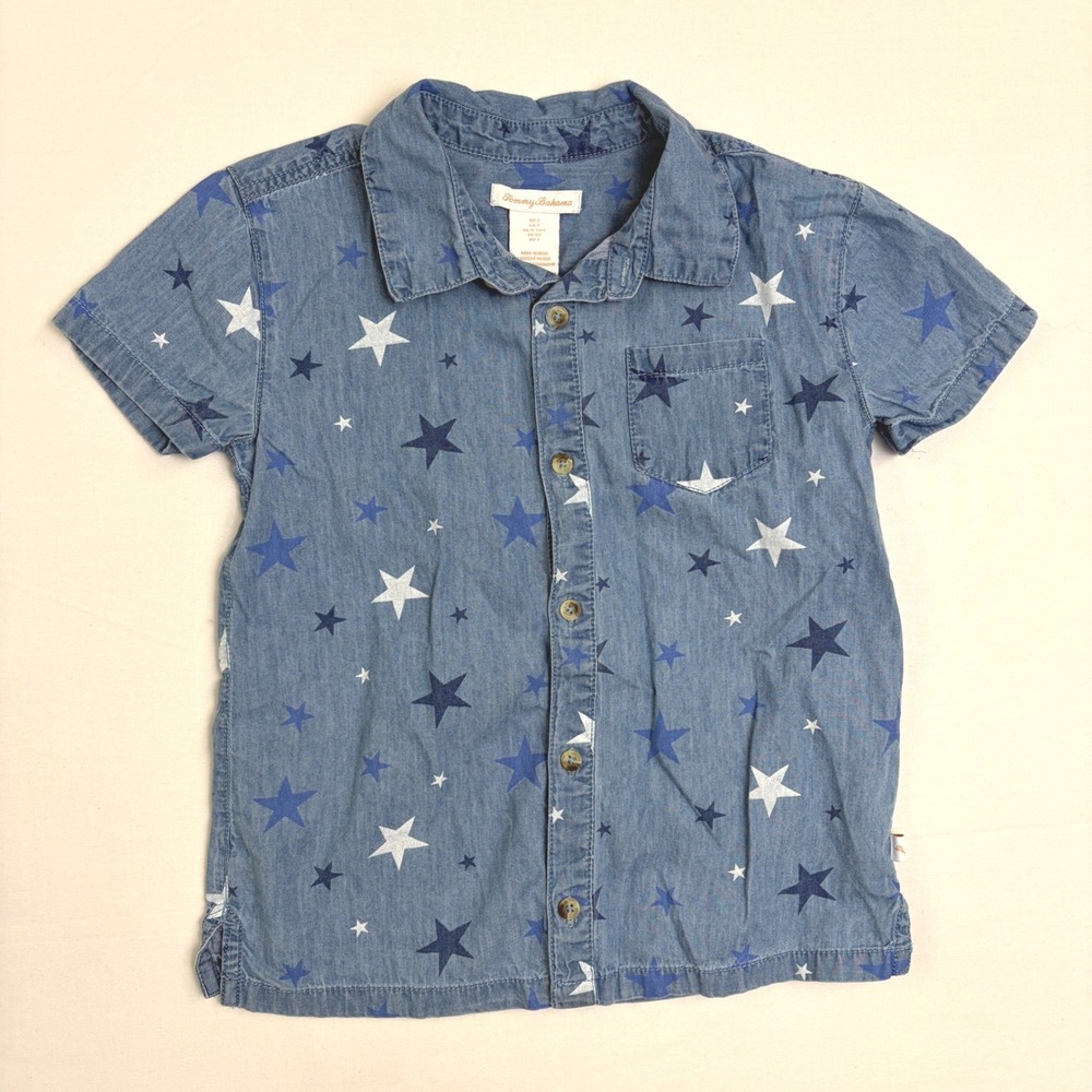 Tommy Bahama Boys Blue Star Print Chambray Button Up Shirt Size 7 Short Sleeve